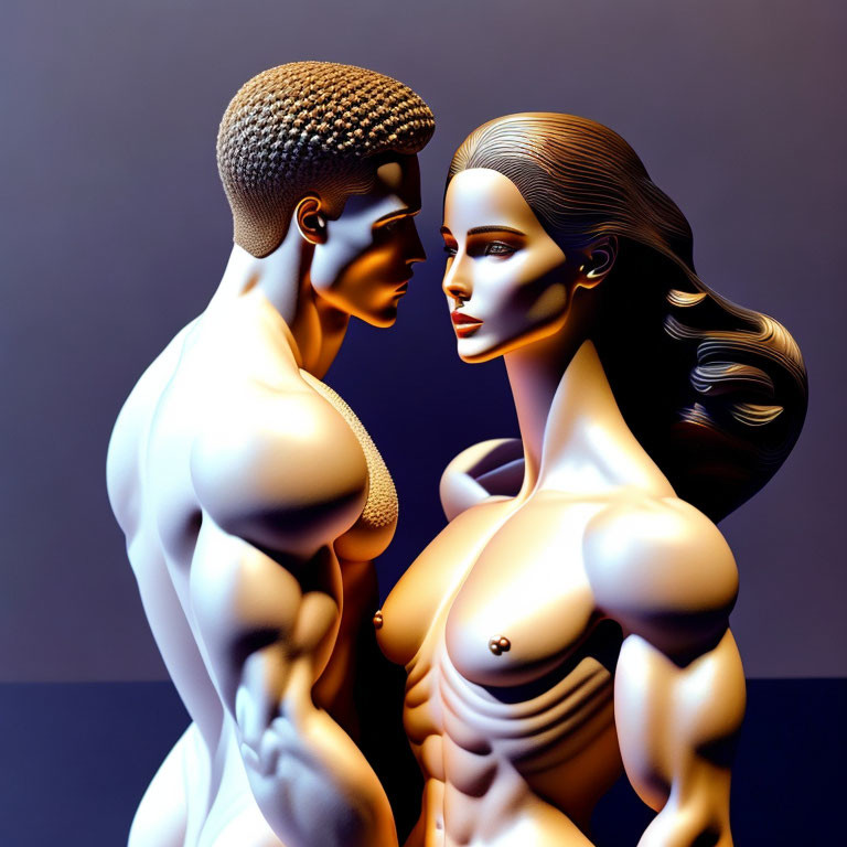 Detailed 3D illustration of muscular man and woman in face-to-face pose