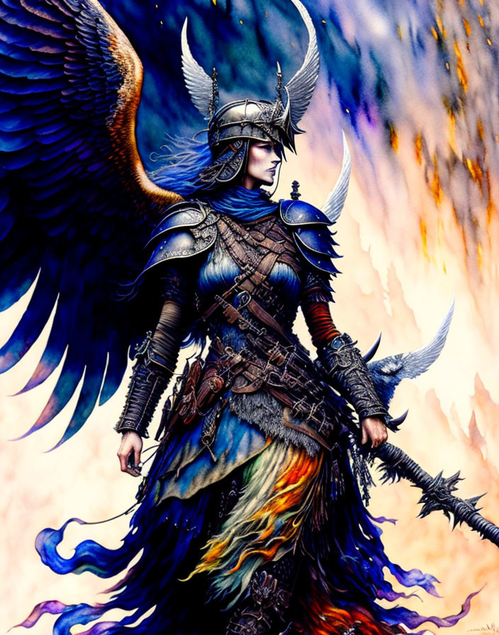 Armored warrior with wings, sword, and axe in fantastical setting.