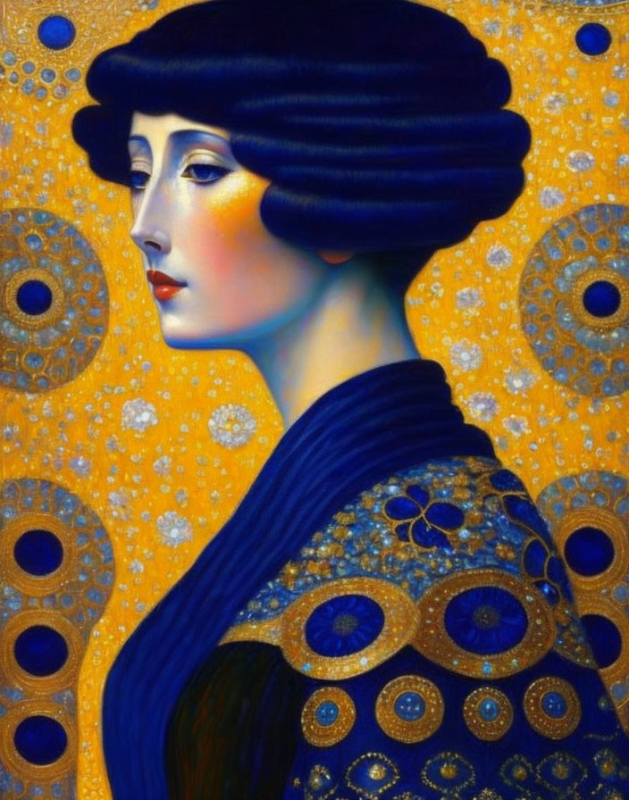 Stylized portrait of woman with blue coiffed hair on gold background