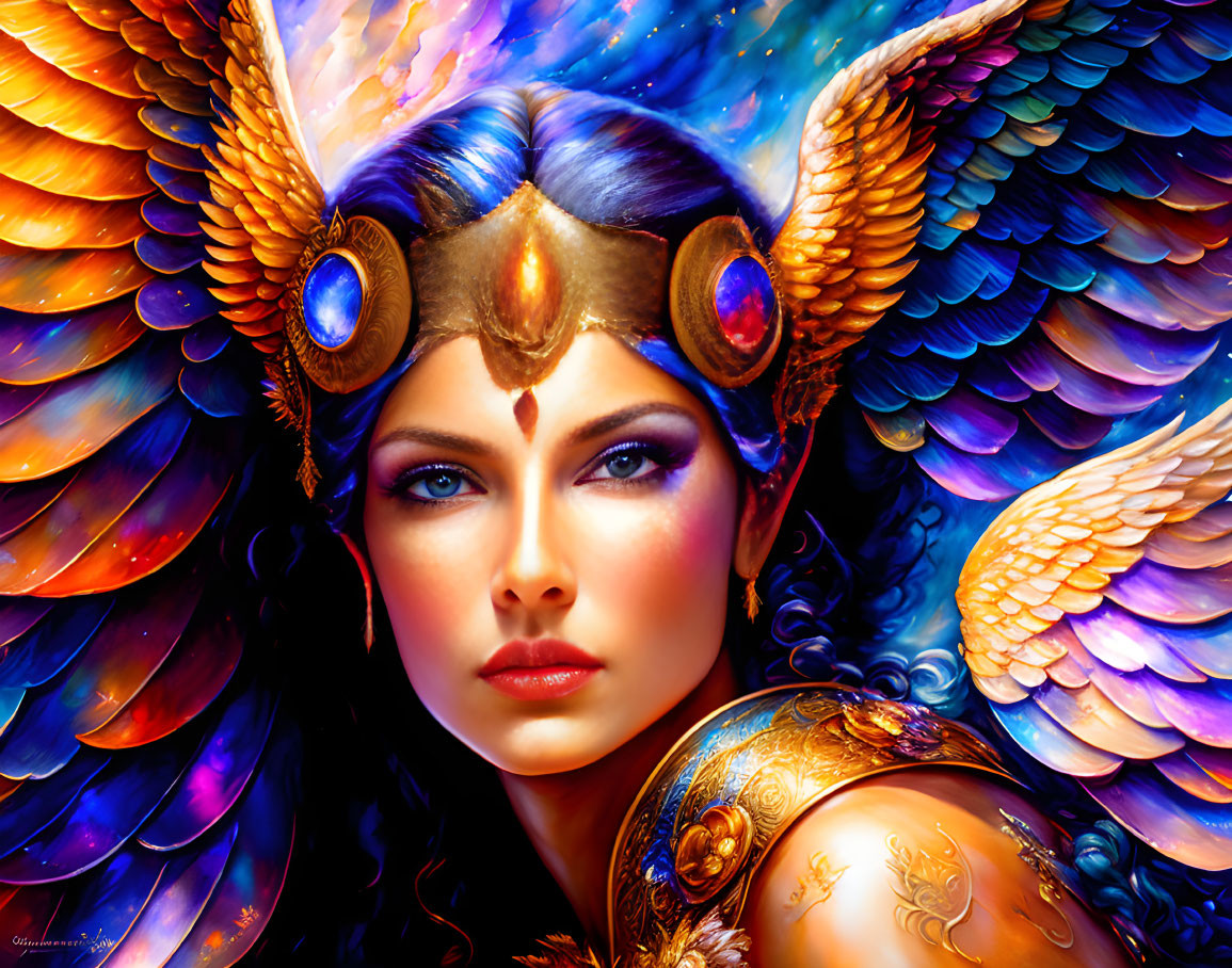 Colorful illustration: Woman with blue eyes wearing golden winged helmet, surrounded by feathered wings