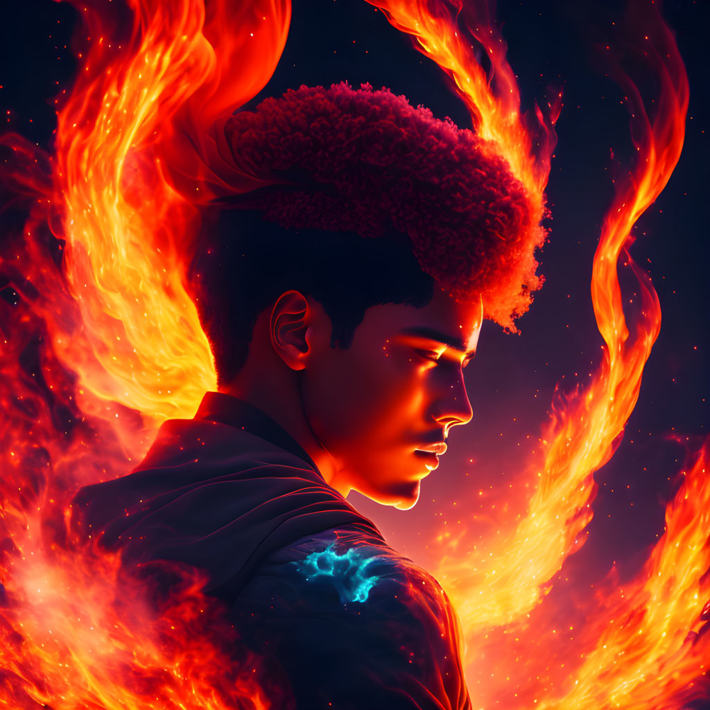 Silhouette of person with afro engulfed in flames on dark background