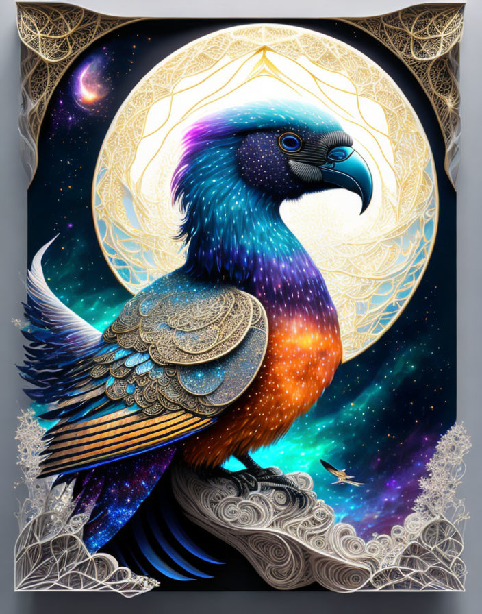 Cosmic-themed bird illustration with colorful, ornate patterns