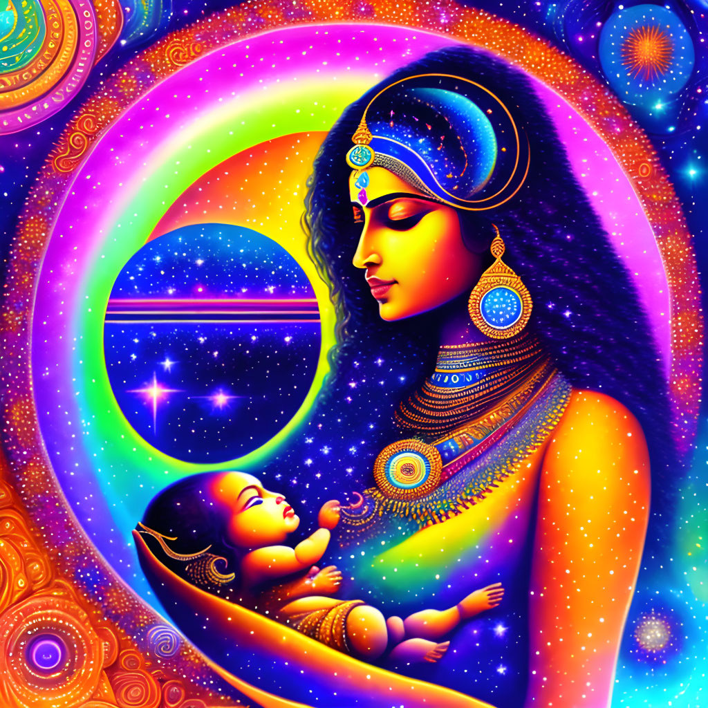 Illustration of woman with child in cosmic background.