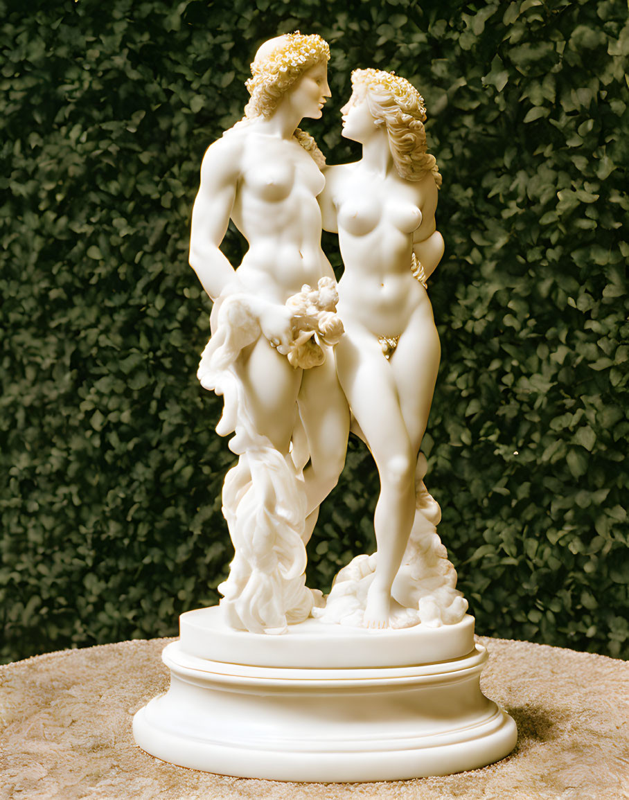 Classical-style nude male and female sculpture with floral crowns against leafy backdrop