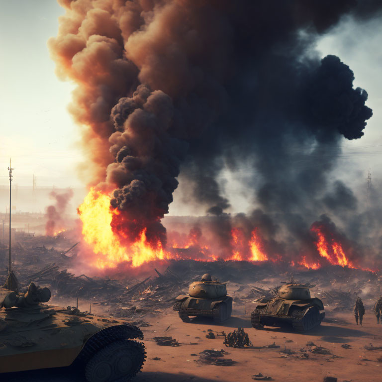 Fiery battlefield with tanks and thick smoke.