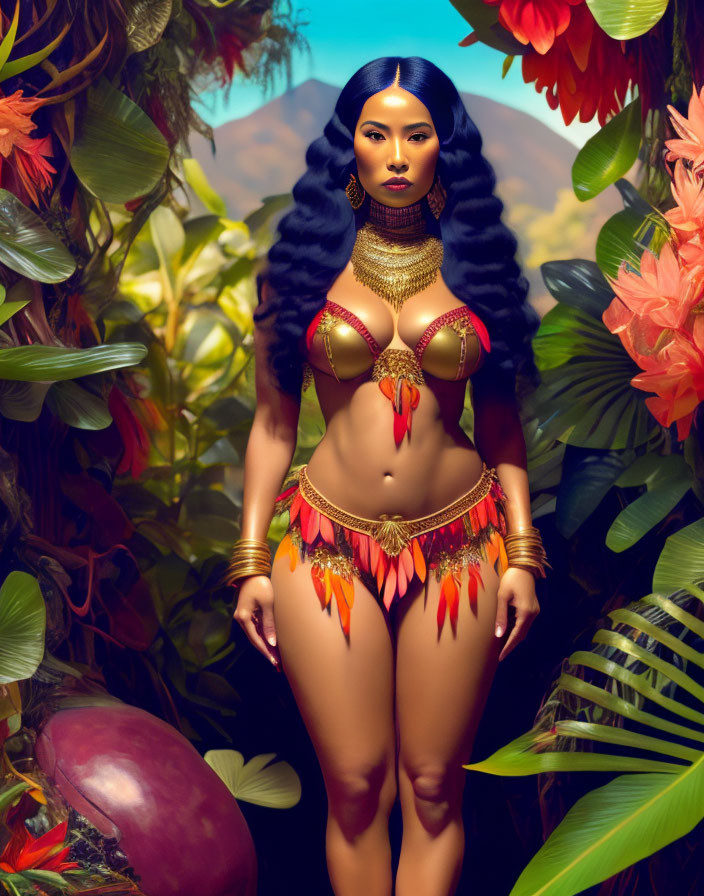 Exotic Woman in Golden Costume Among Tropical Foliage