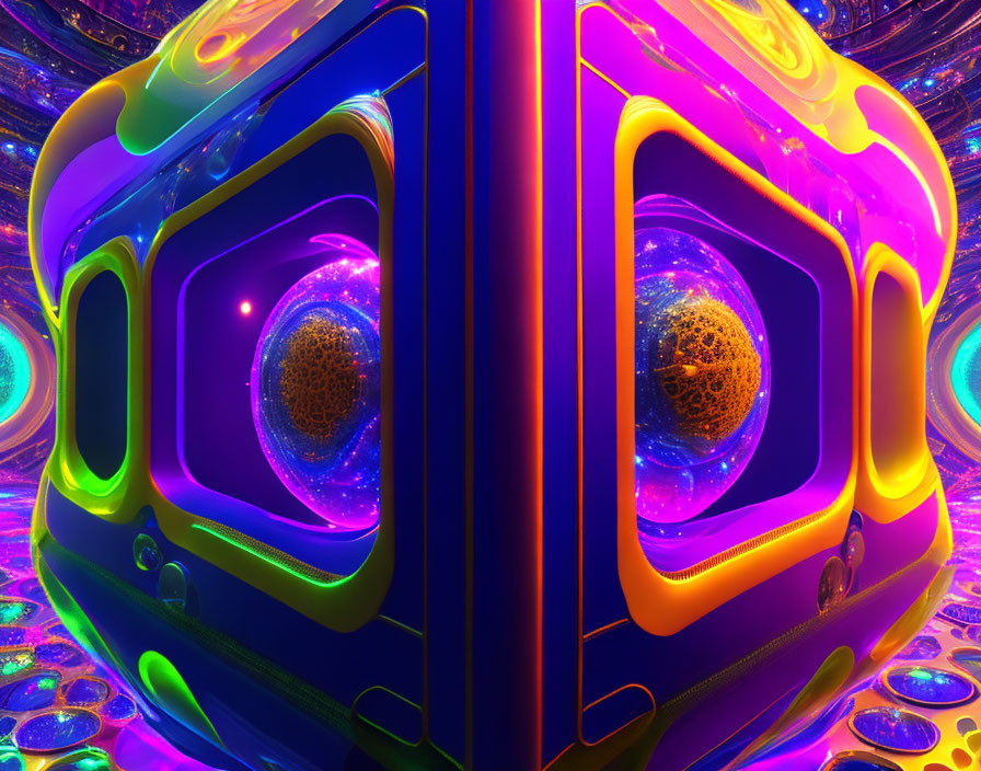 Colorful Neon Cubic Fractal Art with Psychedelic Background