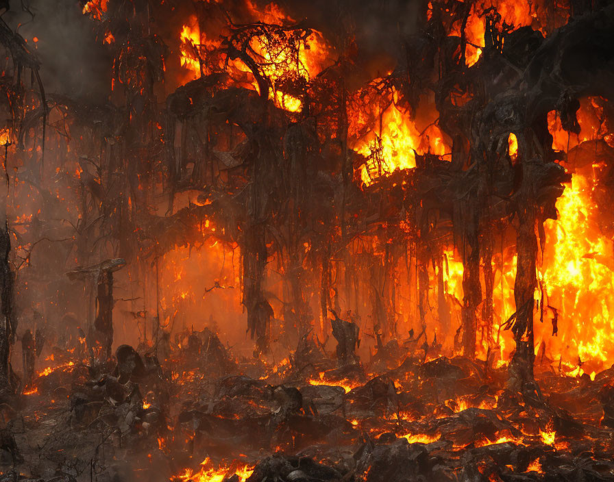 Intense forest fire with engulfed trees and rising flames