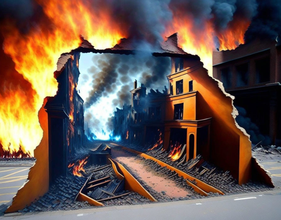 Surreal artwork of fiery street scene through torn paper effect