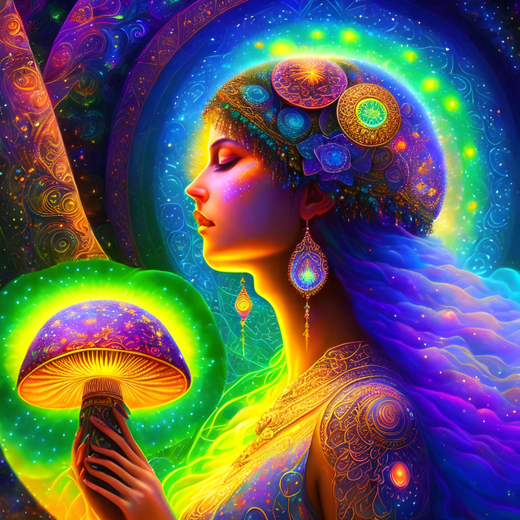 Colorful illustration: woman with jewelry holding glowing mushroom on cosmic backdrop