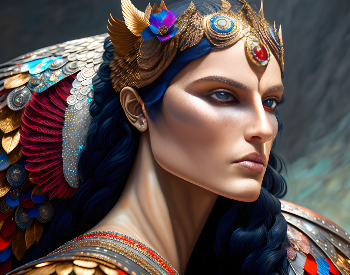 Close-Up of Fantastical Female Character with Blue Skin and Intricate Golden Headdress