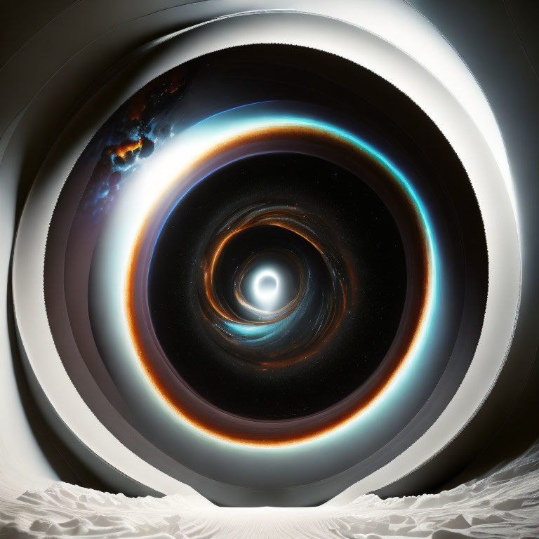 Circular surreal space artwork with black hole, accretion disks, and star-filled background