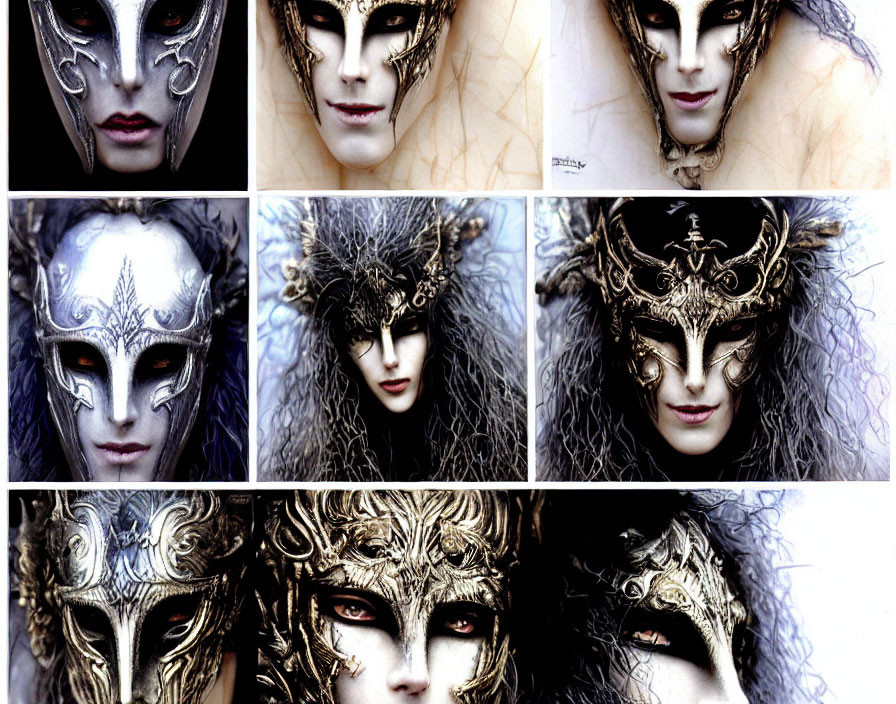 Collage of Nine Intricate Masks with Feather and Metallic Designs