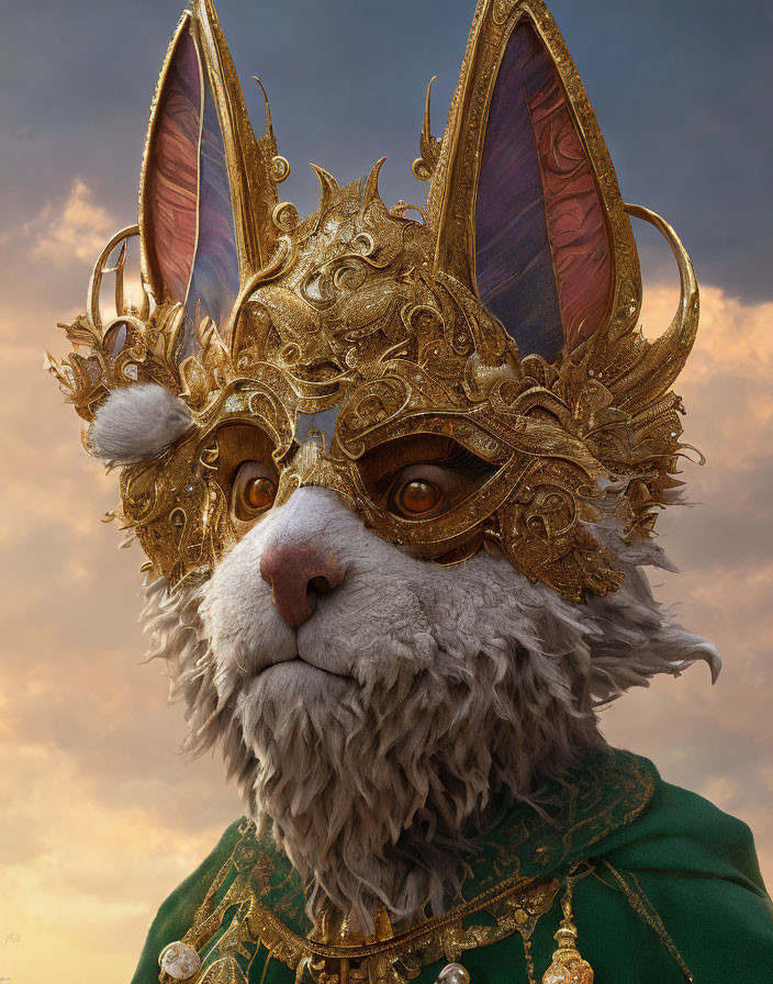 Anthropomorphic cat character with golden eyes wearing ornate gold mask against dusk sky