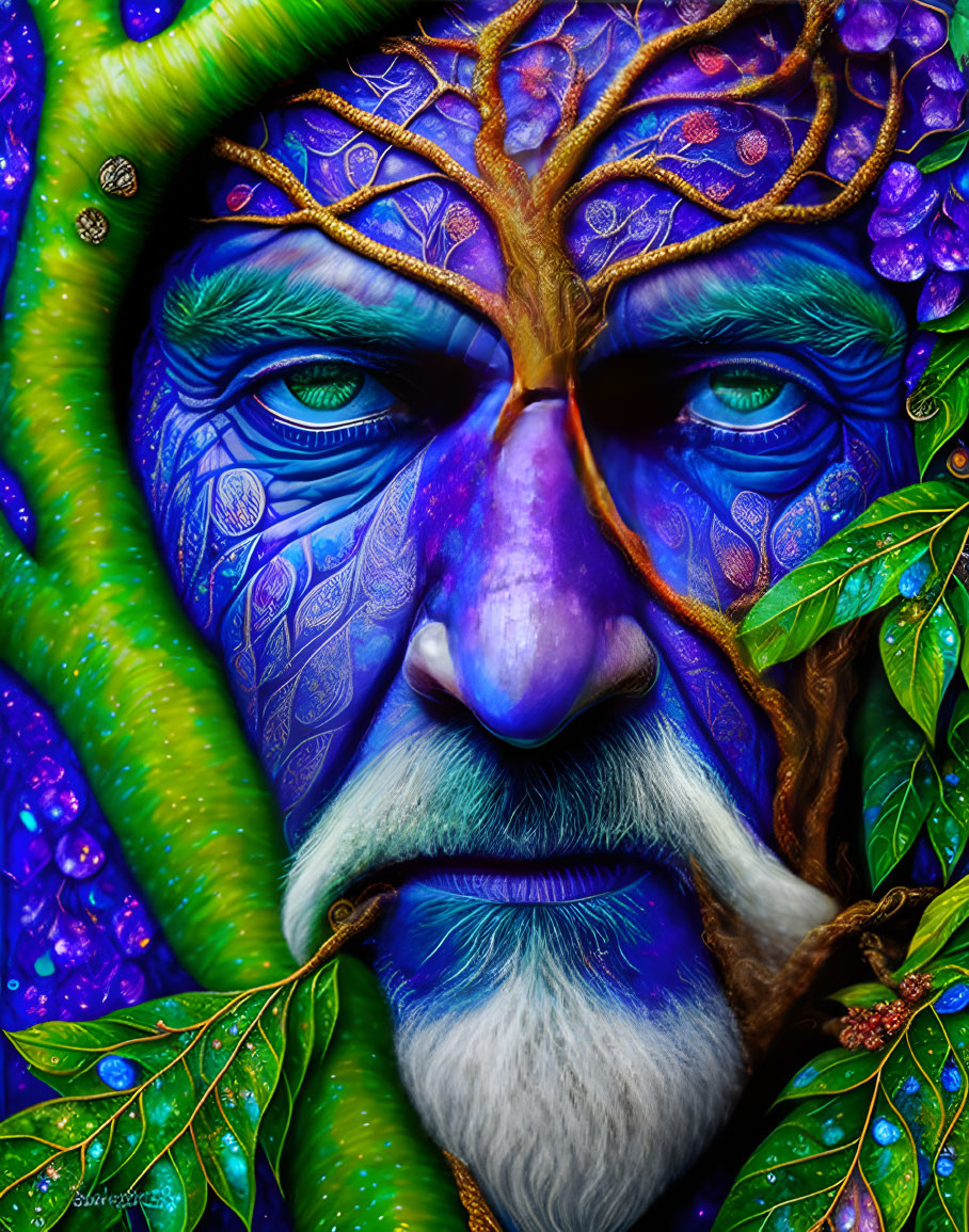 Vibrant artwork: Blue-skinned face with tree-like veins and green leaves