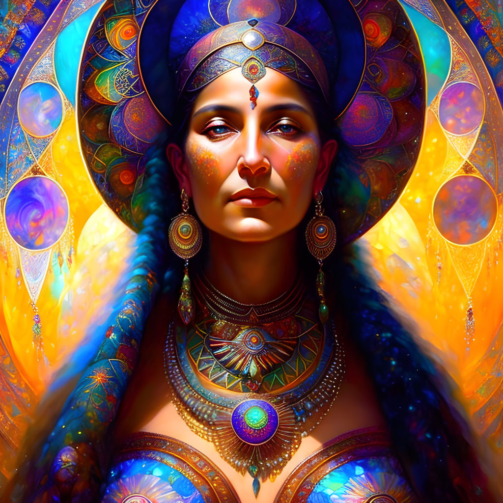 Colorful digital portrait of a woman in ornate jewelry against cosmic backdrop