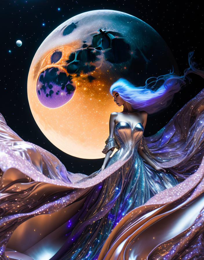 Illustration of woman with flowing hair under giant moon in shimmering gown