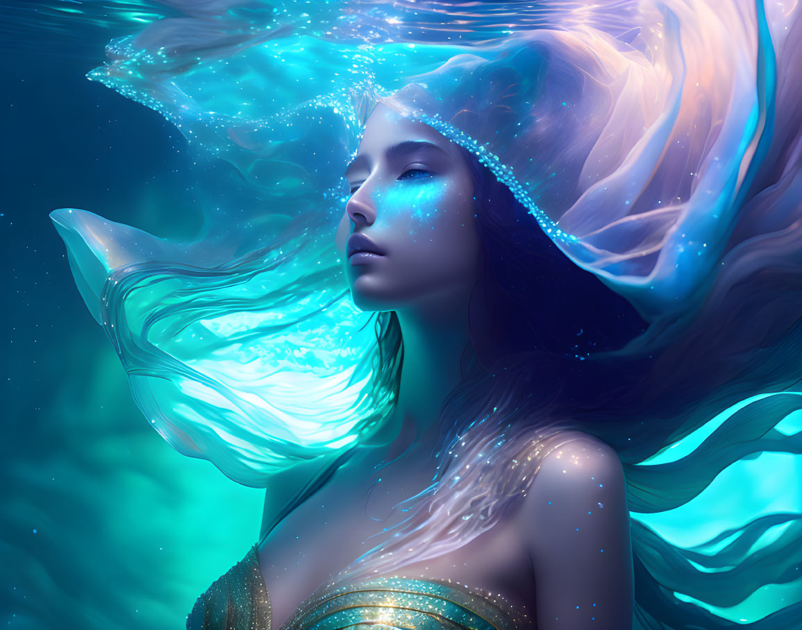 Woman with Flowing Hair and Jellyfish-Like Luminescence in Underwater Portrait