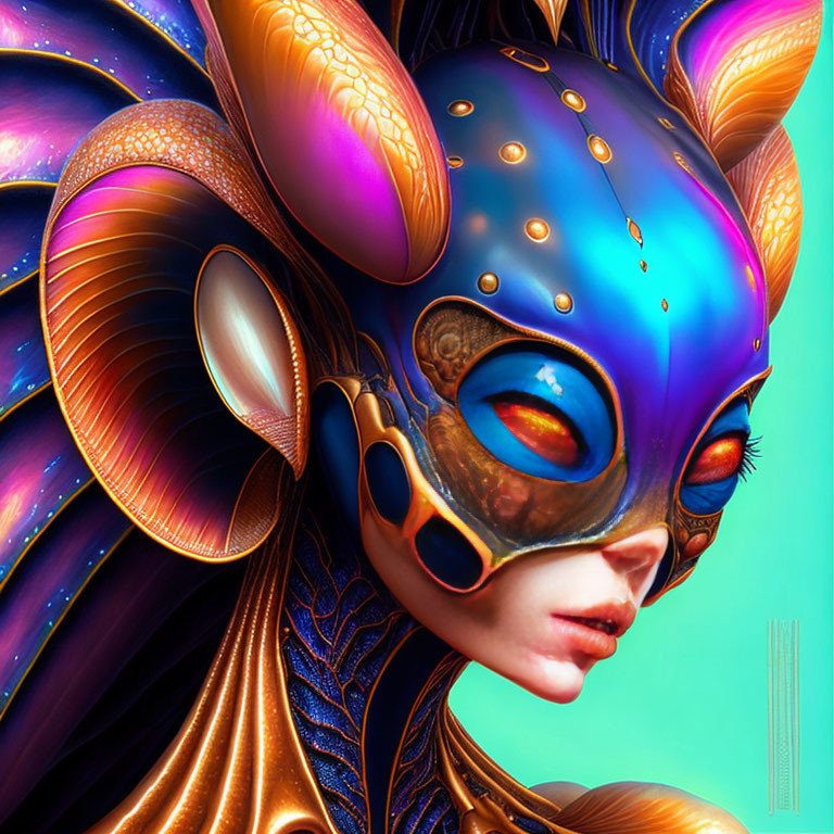 Colorful artwork of character with stylized alien mask in iridescent hues