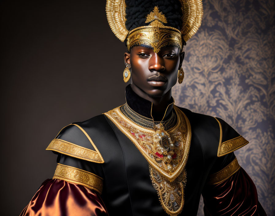 Person in ornate gold and black attire with traditional headdress and jewelry on patterned backdrop