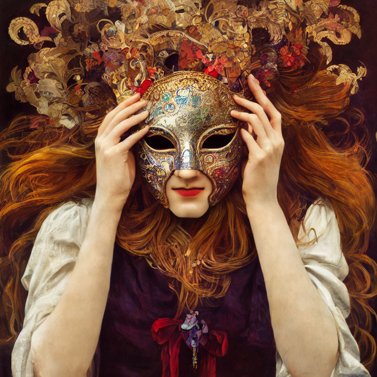 Red-haired person holding ornate mask in front of floral backdrop