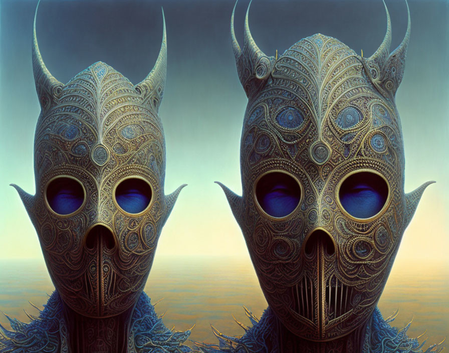 Ornate horned masks with intricate designs on blue misty background