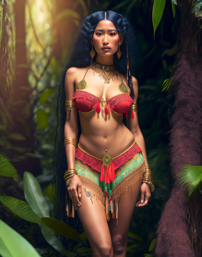 Woman in vibrant tribal outfit with gold jewelry in lush forest setting