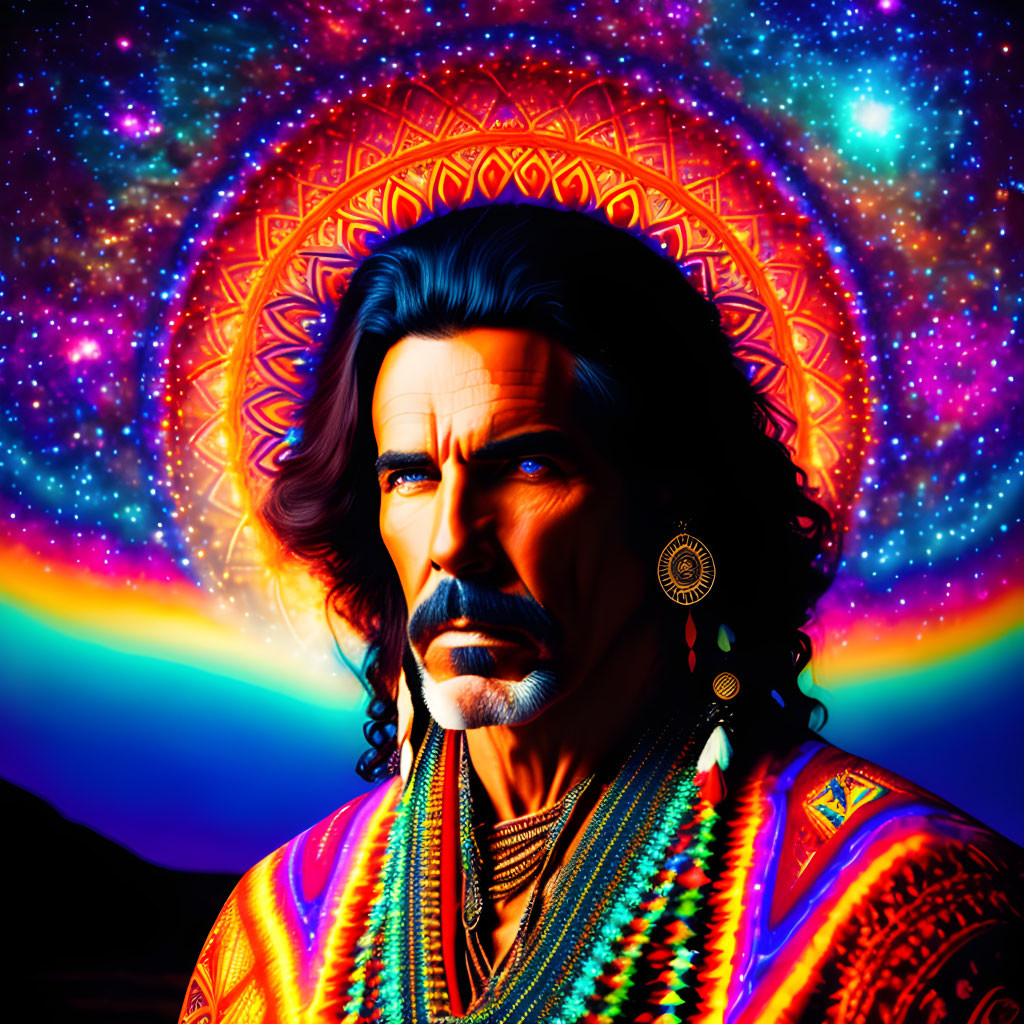 Colorful digital portrait of a man with tribal jewelry on psychedelic background