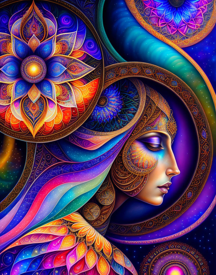 Colorful Psychedelic Woman Illustration with Cosmic and Floral Motifs