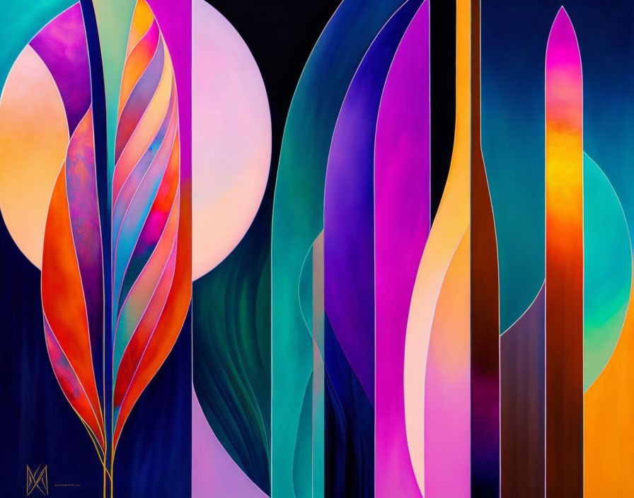 Colorful Abstract Art with Curving Shapes on Dark Background