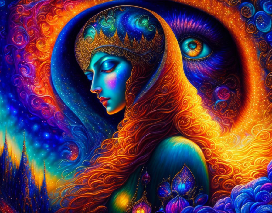 Colorful artwork of female figure with cosmic eye and stars.