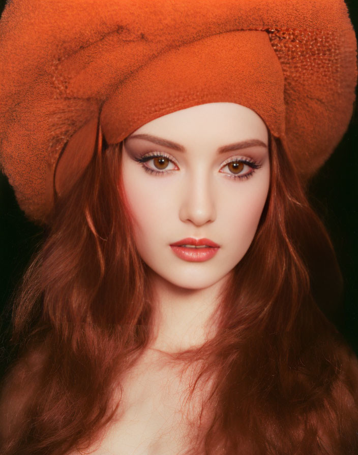 Red-Haired Woman in Striking Makeup Wearing Orange Hat on Dark Background