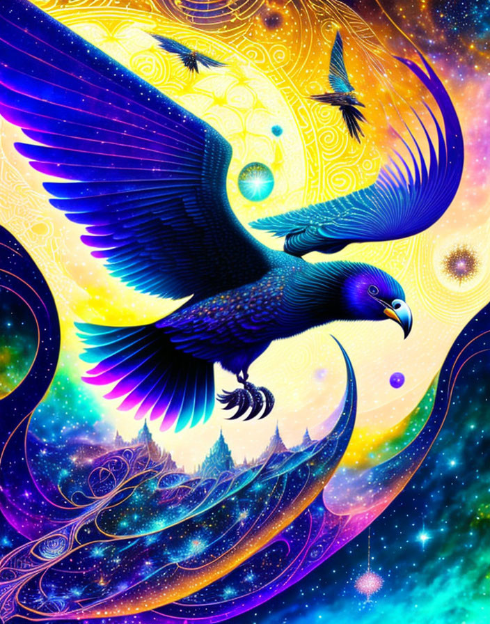 Majestic eagle in flight with cosmic background