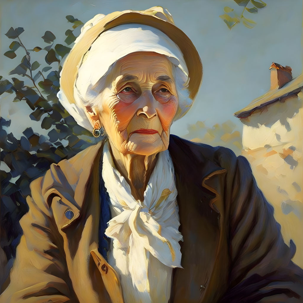 Elderly woman in white hair, hat, and brown coat in realistic painting style