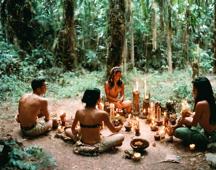 Group of People Engaged in Ritual in Forest Clearing