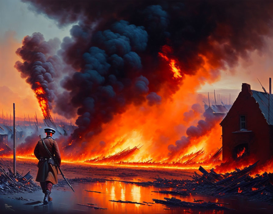 Historical soldier observes massive fire and smoke.