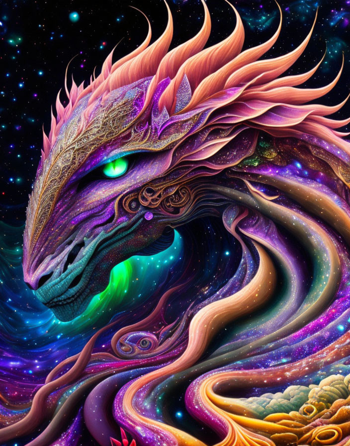 Colorful Dragon Artwork with Galactic Background