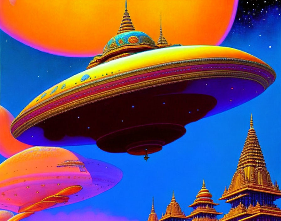 Futuristic sci-fi scene: Floating cities, oriental pagoda-like spaceships, huge planets