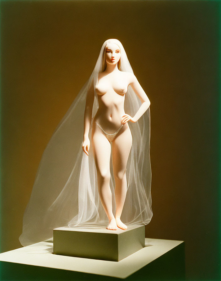 Blonde mannequin figure with draped fabric, bridal veil resemblance