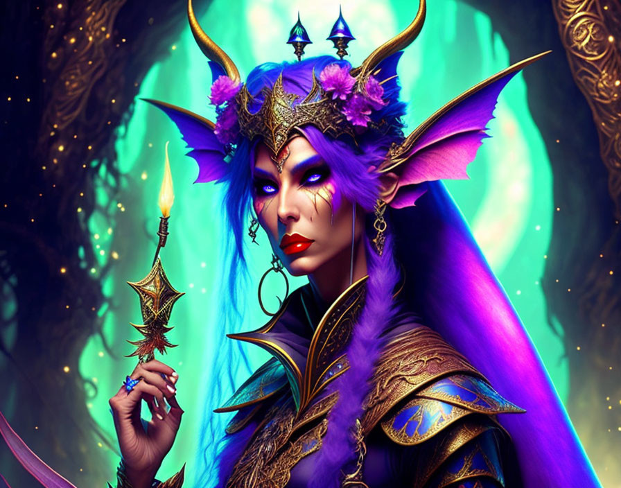 Fantasy art of woman with purple skin, horned headpiece, golden armor, and magical staff