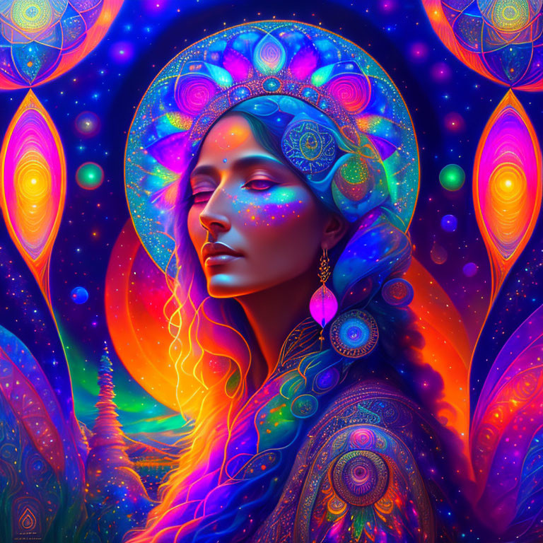 Digital illustration of cosmic woman with intricate patterns and psychedelic aura.