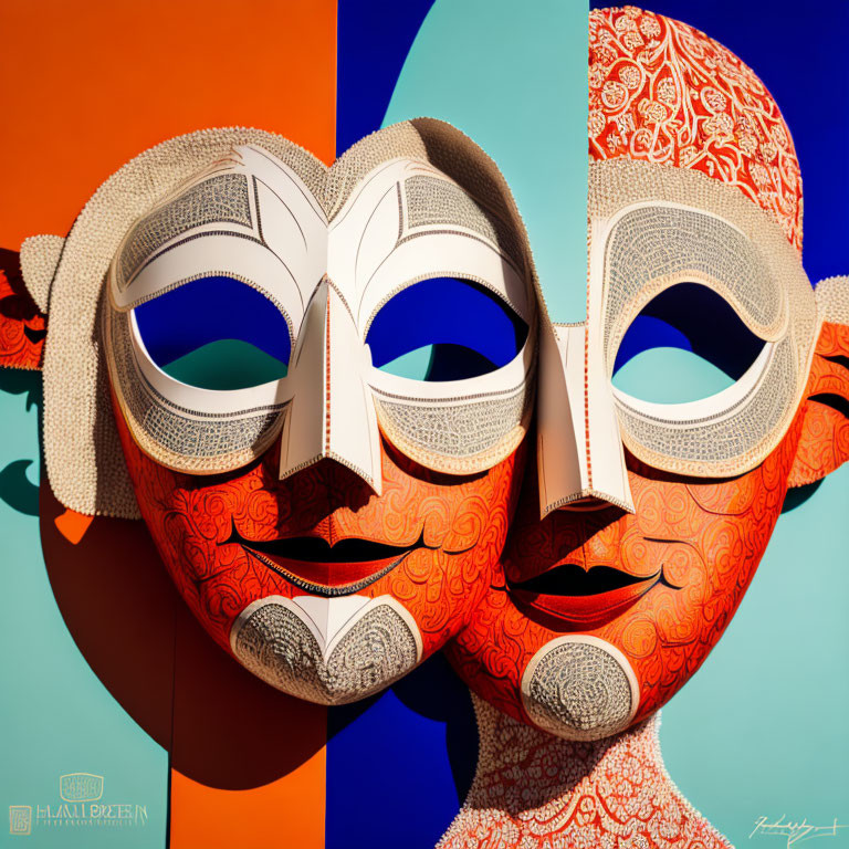 Stylized white and red masks with intricate patterns on split blue-orange background