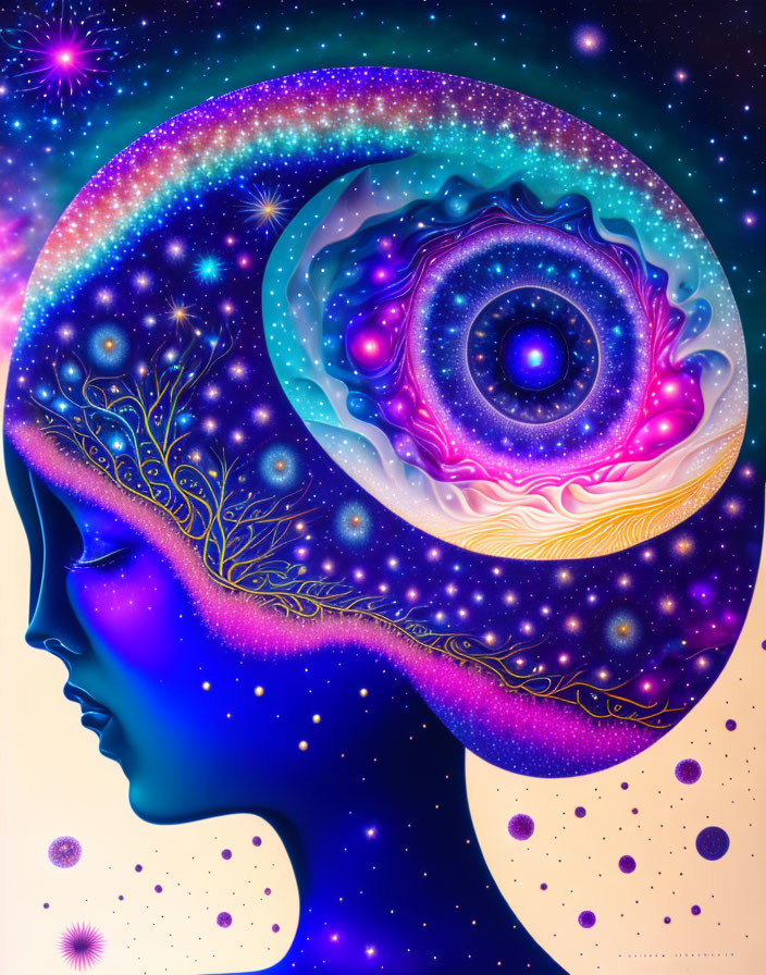 Colorful Cosmic Human Profile Illustration with Brain Universe and Galaxy Elements