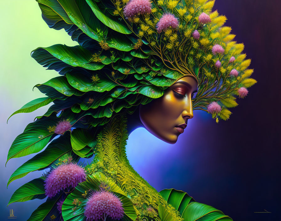 Colorful portrait of a woman with leaf headdress on vibrant background