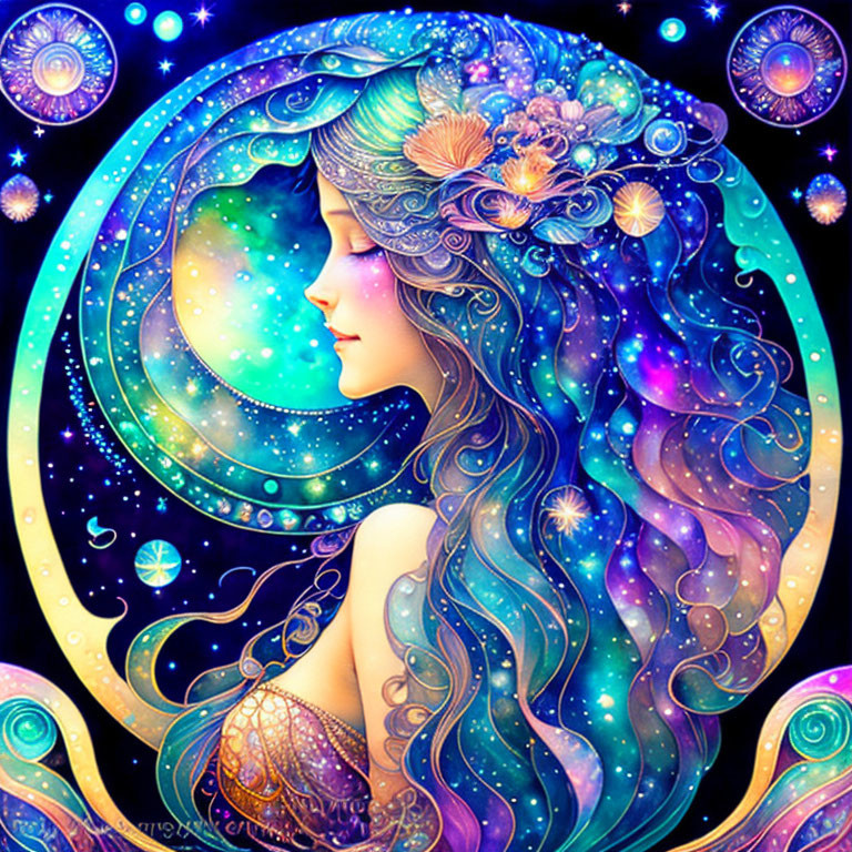 Illustration of woman with celestial-themed hair in moon and stars setting