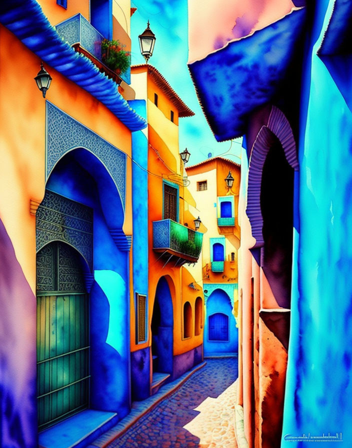 Colorful Moroccan Alley with Blue Walls and Arched Doorways