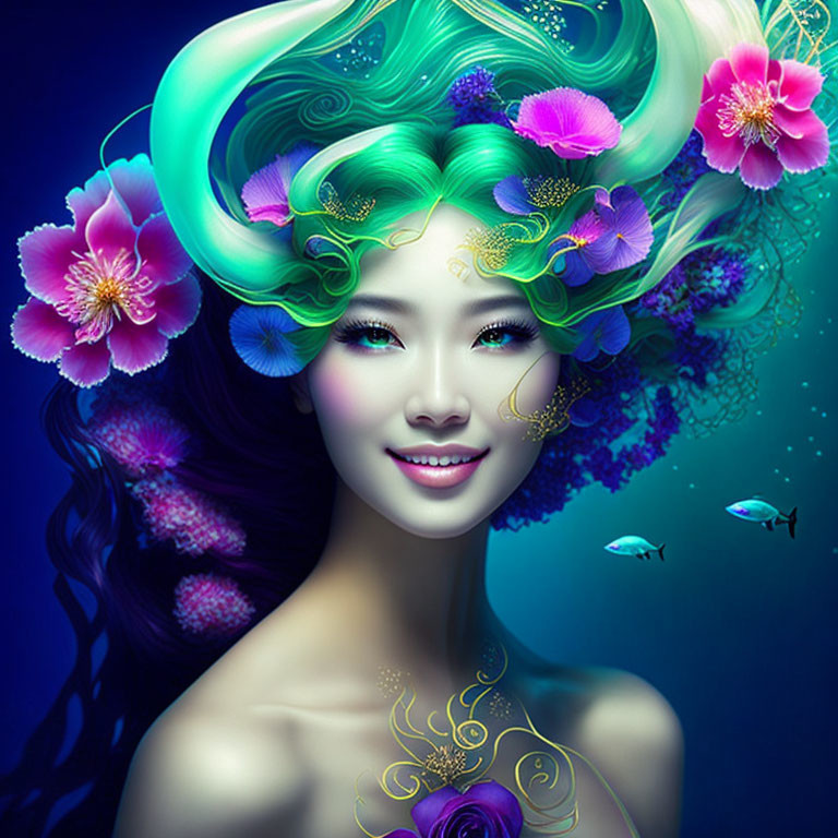 Digital art portrait of a woman with green hair, flowers, and fish on vibrant blue background