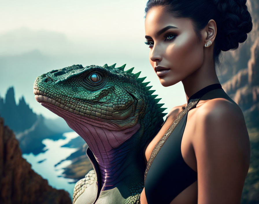 Styled woman with makeup posing with iguana against mountain backdrop