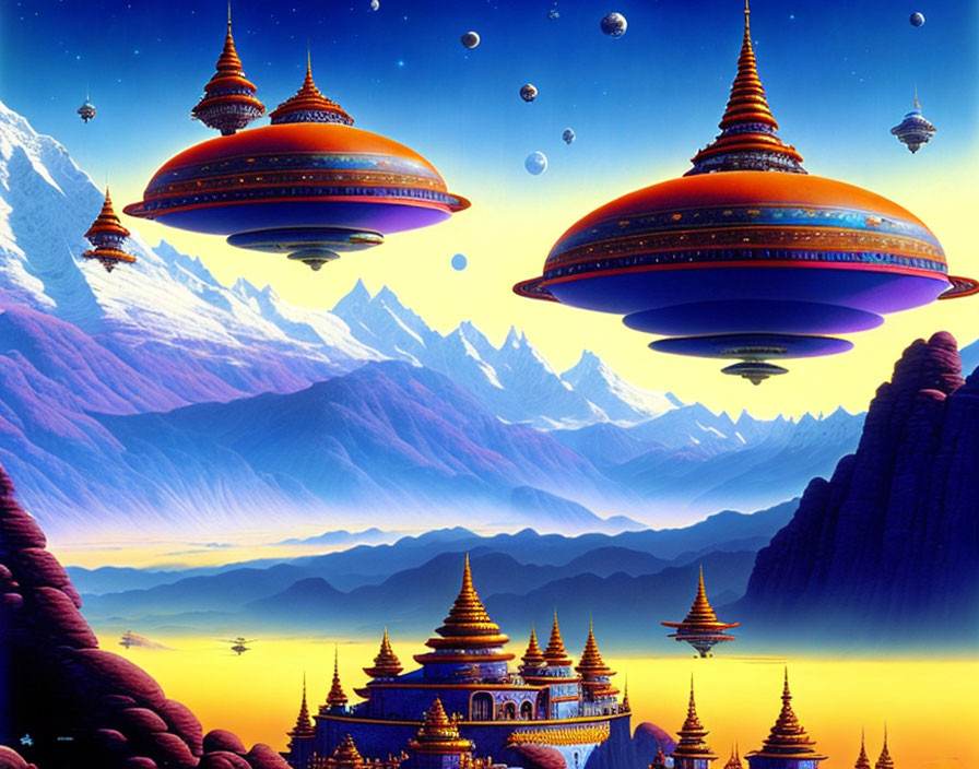 Futuristic sci-fi landscape with flying saucers and ornate buildings