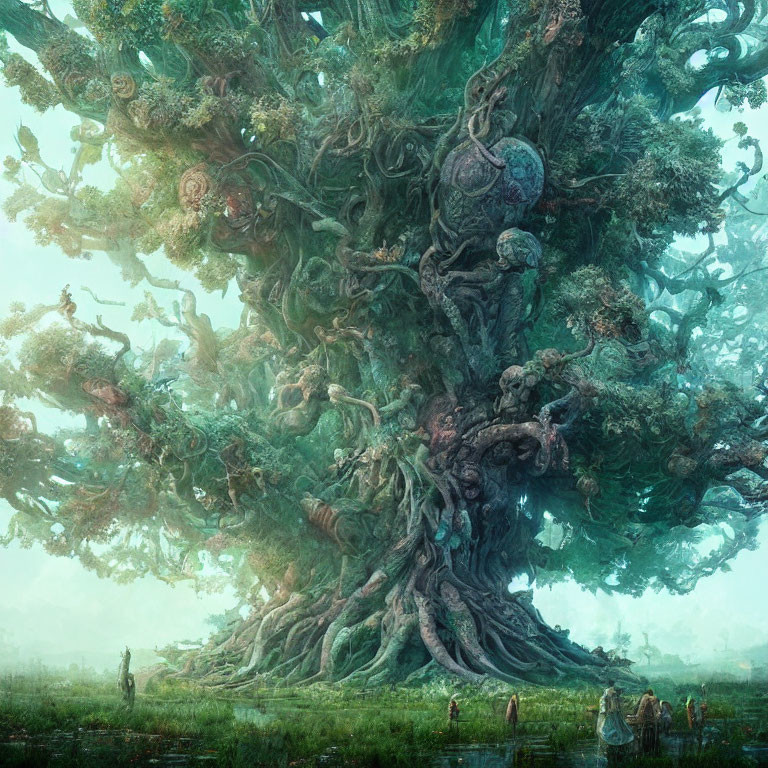 Mystical giant tree with intricate branches in verdant landscape